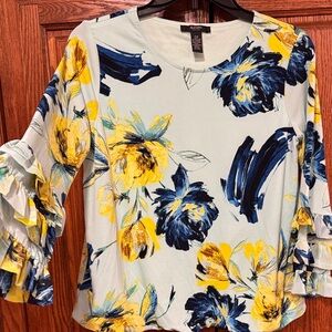 Alfani Women's Ruffle Sleeve Floral Blouse - Blue and Yellow